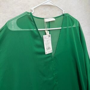 Mango MNG Green Sheer Bamboo Tunic Long Blouse Women’s L US 8 NWT